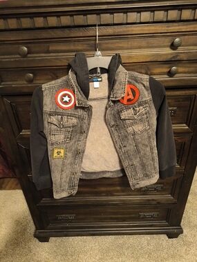 Boys Grey Denim Hooded Jacket with Black Sleeves - Patch Detail